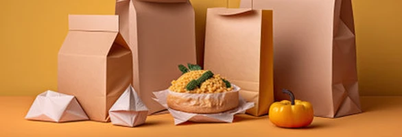 "Assorted eco-friendly quality premium packaging from JC Packaging, featuring paper bags and food containers on a warm orange background, emphasizing sustainable and stylish packaging solutions. Visit www.jcpackaging.net for more."