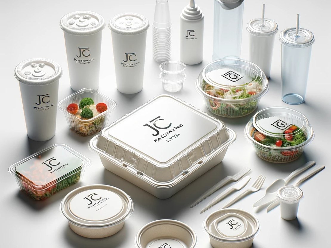 "A sophisticated array of JC Packaging's quality premium packaging products, including cups, salad bowls, containers, and cutlery, all designed with the brand's sleek logo. Explore the full collection at www.jcpackaging.net."