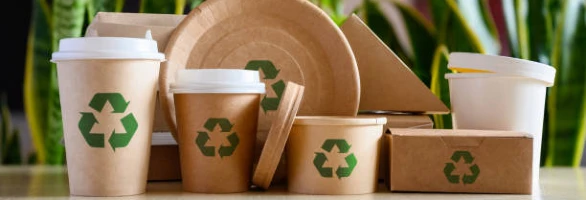 "Environmentally responsible quality premium packaging with recycling symbols, including coffee cups and food containers, presented by JC Packaging. Explore our sustainable solutions at www.jcpackaging.net."