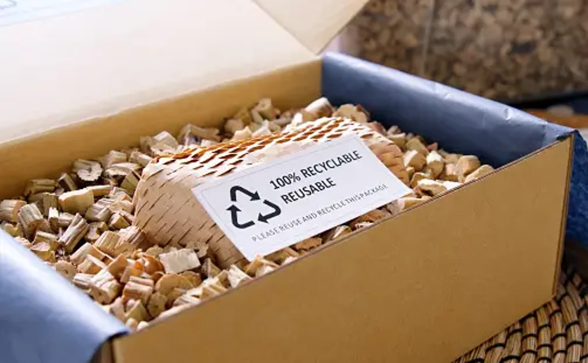 "Open cardboard box with eco-friendly packing materials and a '100% Recyclable & Reusable' label, highlighting JC Packaging's commitment to sustainability."