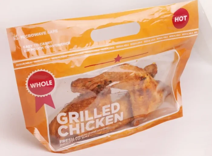 "A whole grilled chicken in a convenient, microwave-safe packaging from www.jcpackaging.net with easy-to-carry zip pouch design."