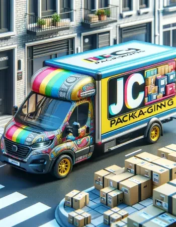 "Vibrant JC Packaging delivery vehicle in urban setting, surrounded by parcels ready for delivery"