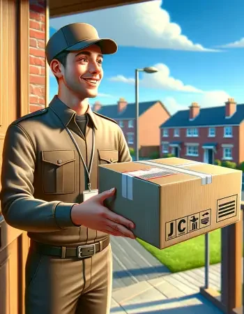 "Cheerful delivery person in uniform from JC Packaging delivering a parcel to a customer's doorstep, with suburban homes in the background"