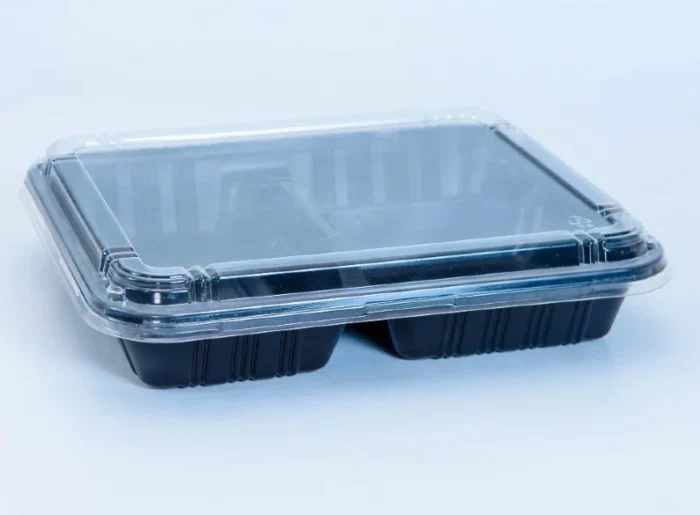 "Crystal-clear Meal Prep Tray Packaging by JC Packaging with a sleek black base, designed for optimal food organization and presentation - Shop now at www.jcpackaging.net"