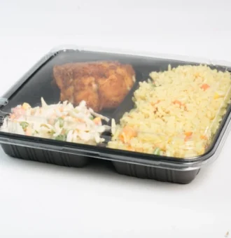 "Black Meal Prep Tray Packaging from JC Packaging filled with nutritious chicken, rice, and coleslaw, emphasizing portion control and meal freshness - Available at www.jcpackaging.net"