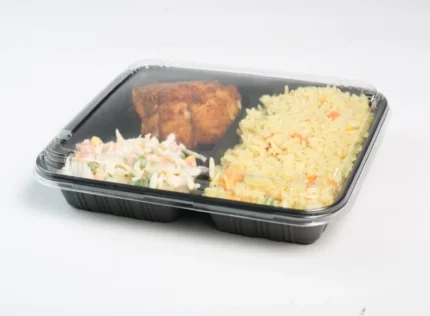 "Black Meal Prep Tray Packaging from JC Packaging filled with nutritious chicken, rice, and coleslaw, emphasizing portion control and meal freshness - Available at www.jcpackaging.net"