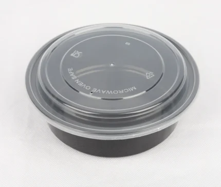 "Durable round food storage container with secure lid, showcasing microwave-safe symbol, from JC Packaging."