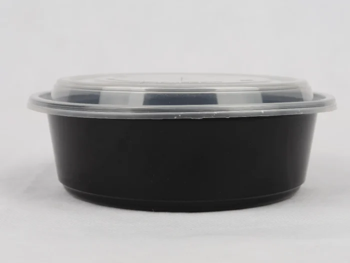 "Side view of JC Packaging's round food storage container with a transparent lid, highlighting its compact and stylish design."