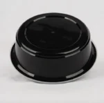 "Top-down view of a black round food storage container by JC Packaging, emphasizing its robust and user-friendly design."