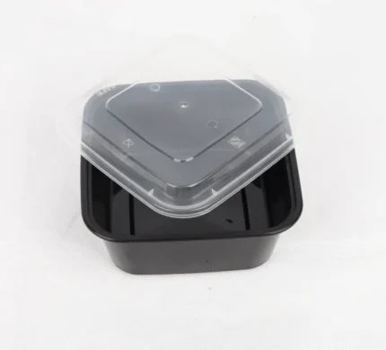 "JC Packaging's small square meal container with transparent lid, durable and microwave-safe for meal prep and storage."