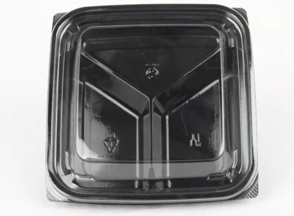"Versatile black three-compartment food container by JC Packaging, perfect for meal prep and storage."