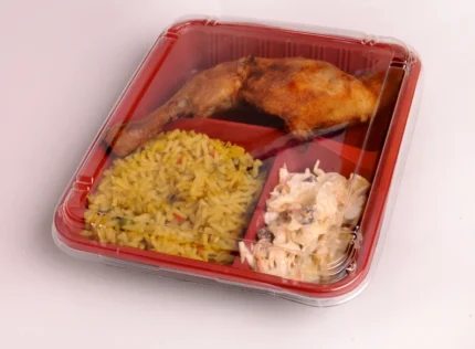 "A fully prepared meal in a clamshell meal tray featuring roasted chicken, pasta salad, and rice, from JC Packaging."