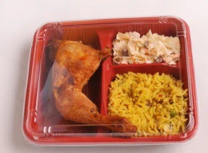 "Tempting trio in JC Packaging's 3-division takeout container: juicy chicken leg, seasoned rice, and fresh coleslaw, crafted for convenience and taste."