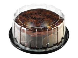 9 inch black cake base with clear dome lid holding a chocolate cake