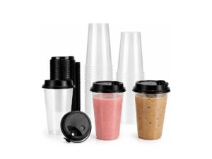 Clear plastic cups with black straw lids